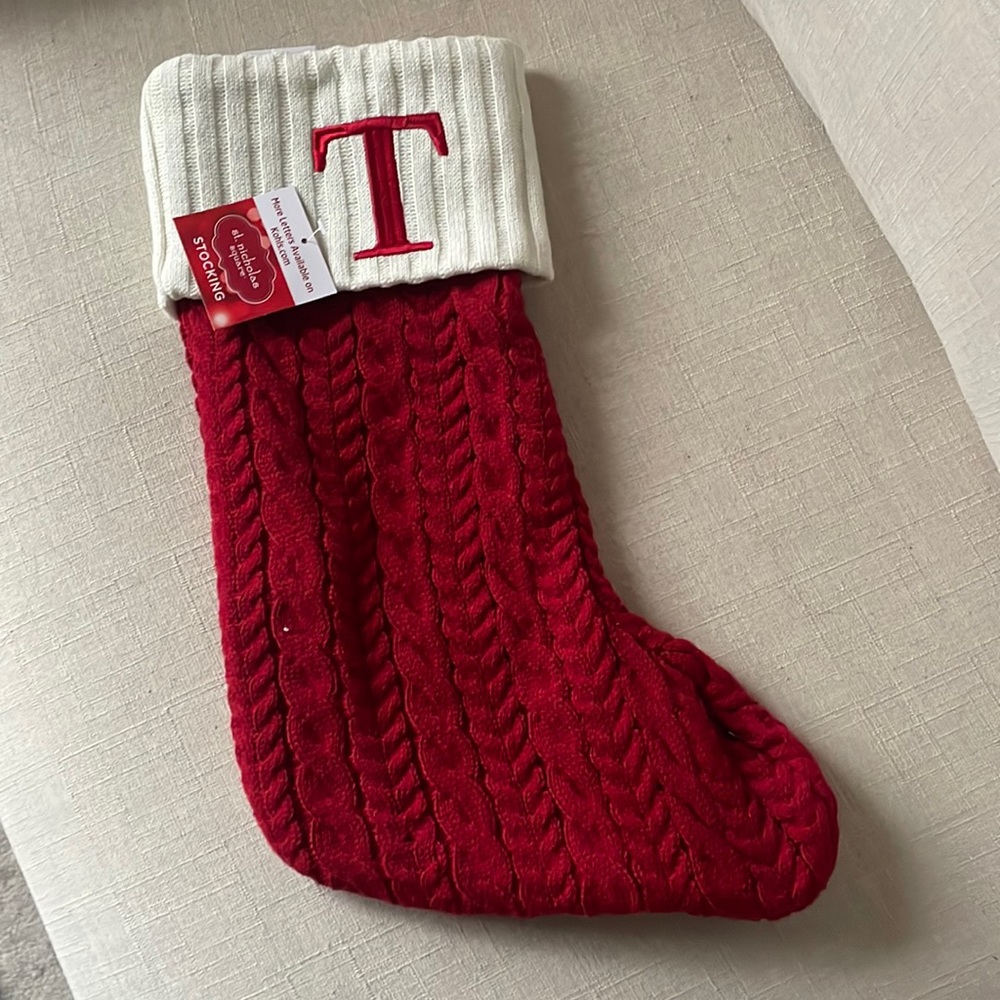 NWT Red Monogram Stocking with T Initial
